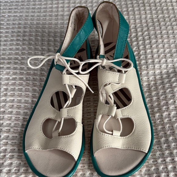 Fly London Shoes - Fly London Teal and Cream Sandals